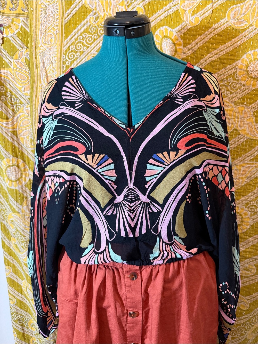 Free People Black Multicolor Printed Flowing Blouse